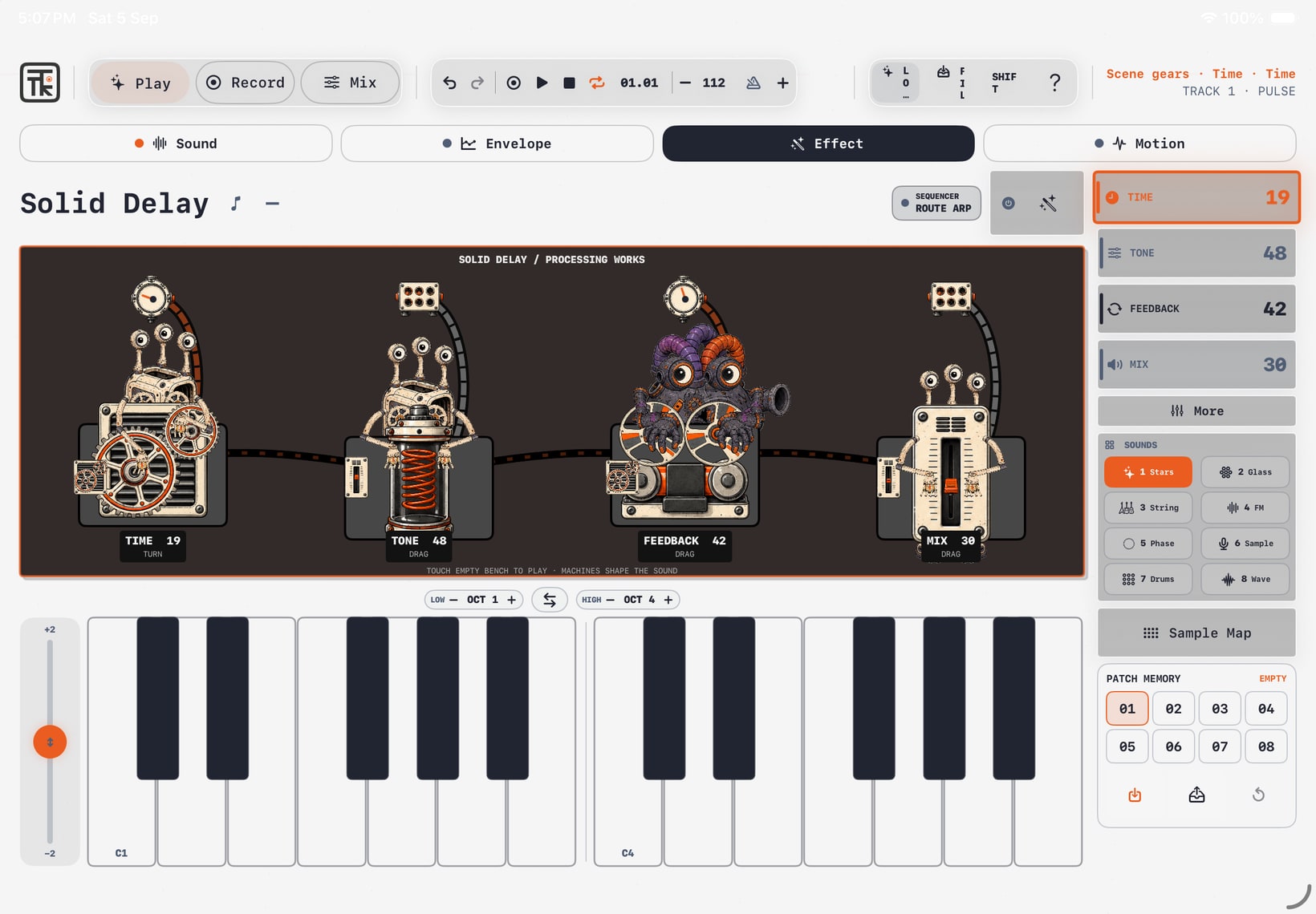 Actual Tonkro iPad development build: Effects · Modulation · Direct control