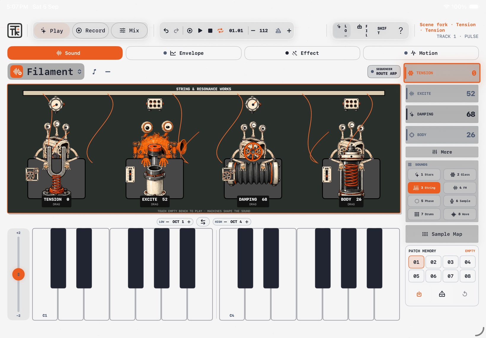Actual Tonkro iPad development build: Sound engines · Hands-on parameters · Playable keyboard